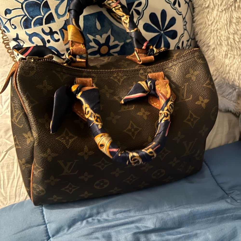Louis Vuitton Brown Satchel with Blue and Gold Scarf Accents